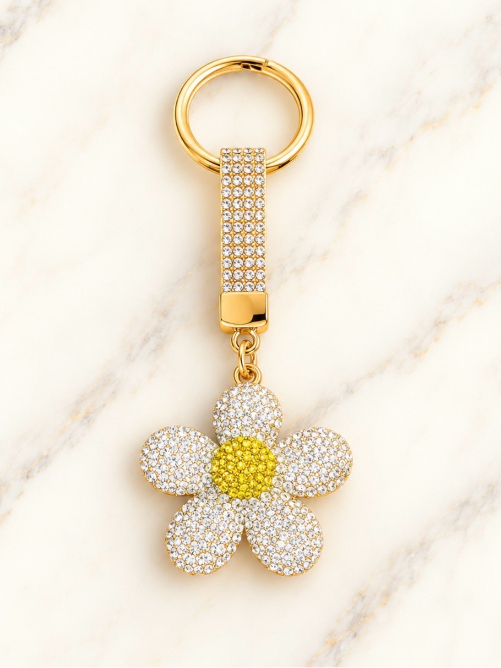 Bag Charm/Keyring-White Rhinestone Daisy with Yellow Stone Center-Gold Hardware